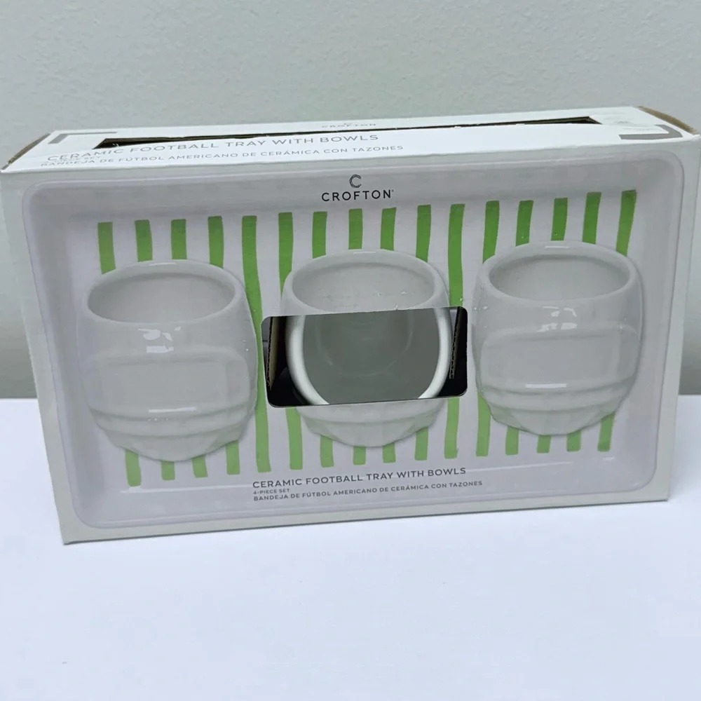 New! Crofton White Ceramic Trio Helmet Bowls with Rectangular Football Tray